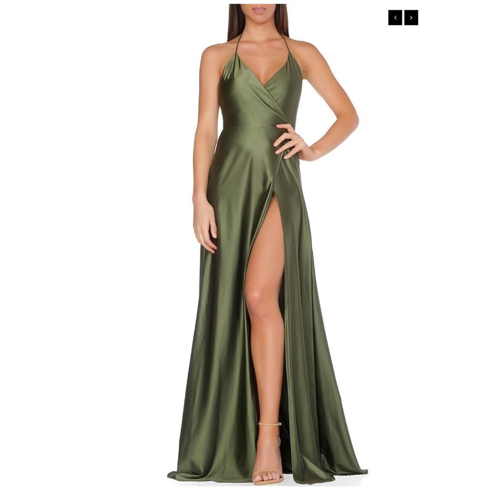 NWOT olive green silk like wrap dress formal